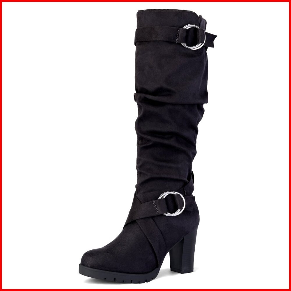 Women's Knee High Boots Chunky Block Heel Winter Boots Side Zippers